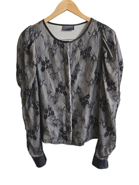 Tops - Vintage Whimsigoth Black Sheer Lace Silk Lined Button Down Blouse. Est Small